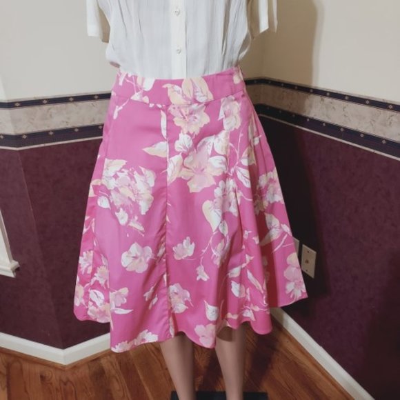 VINTAGE ST. JOHNS BAY TROPICAL PINK AUDREY FLORAL A-LINE FLARE SKIRT SIZE 4 NWOT - Picture 1 of 6